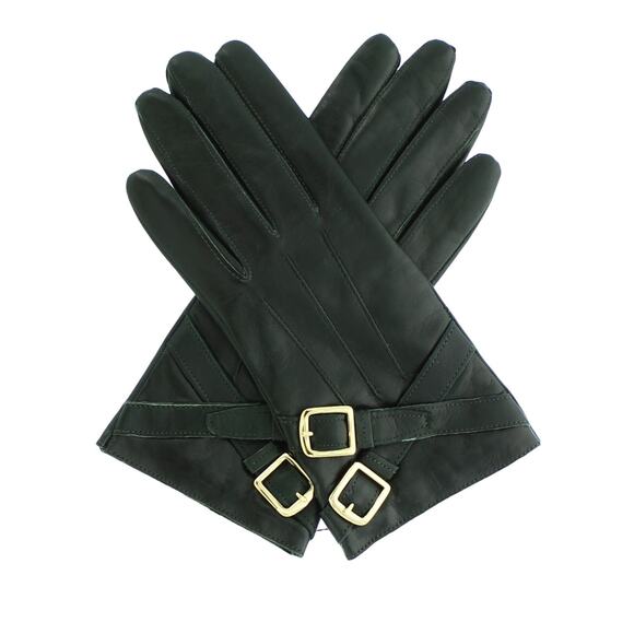 Coach Dark Green Leather Gold Cross-Buckle Winter Gloves - NWOT - Picture 1 of 10